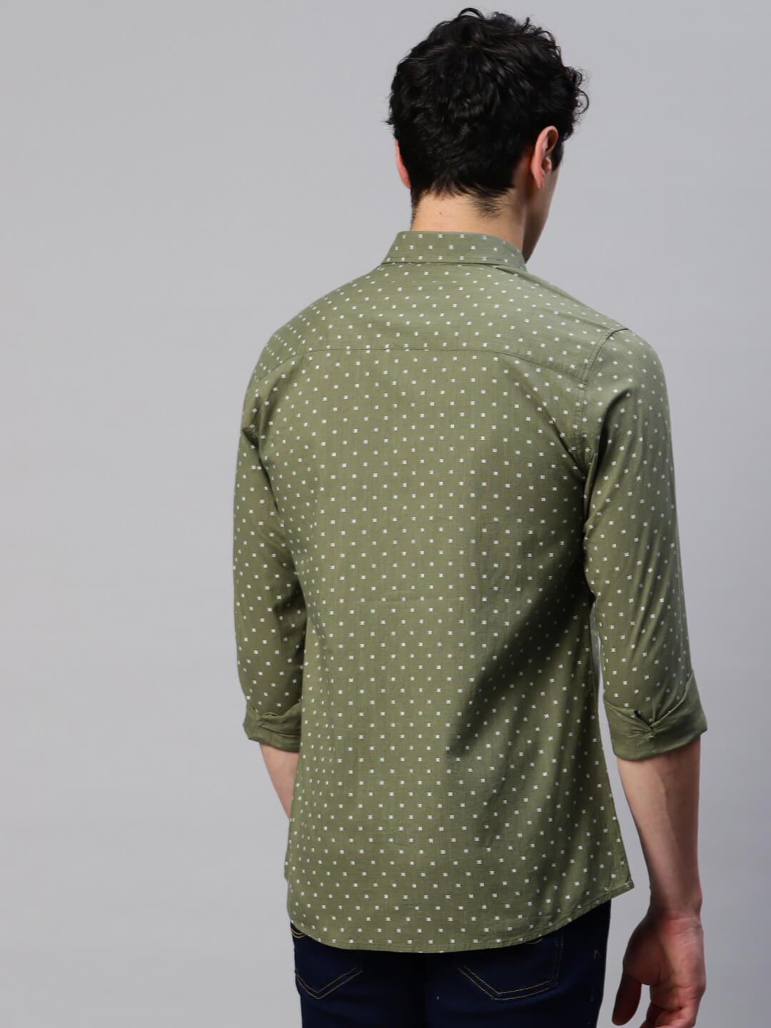 5thanfold Men's Casual Pure Cotton Full Sleeve Polka Print Green Slim Fit Shirt