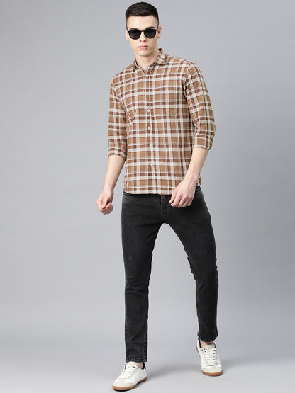 5thanfold Men's Casual Pure Cotton Full Sleeve Checkered Brown Slim Fit Shirt