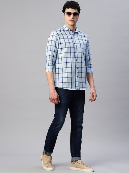 5thanfold Men's Casual Pure Cotton Full Sleeve Checkered Blue Slim Fit Shirt