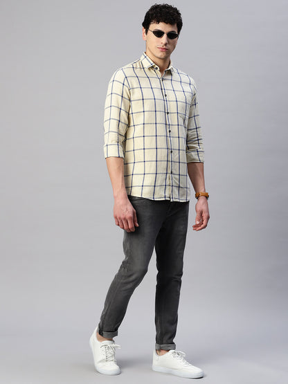 5thanfold Men's Casual Pure Cotton Full Sleeve Checkered Yellow  Slim Fit Shirt