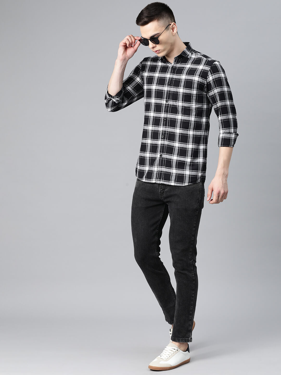 5thanfold Men's Casual Pure Cotton Full Sleeve Checkered Black Slim Fit Shirt