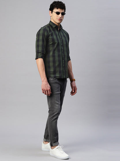 5thanfold Men's Casual Pure Cotton Full Sleeve Checkered Green Slim Fit Shirt