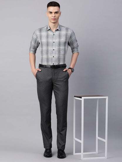 5thanfold Men's Casual Pure Cotton Full Sleeve Checkered Grey Slim Fit Shirt