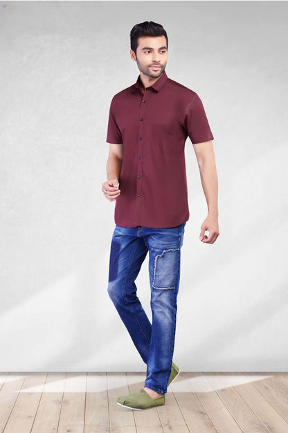 5thanfold Men's Casual Pure Cotton Half Sleeve Solid Maroon Slim Fit Shirt