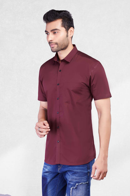 5thanfold Men's Casual Pure Cotton Half Sleeve Solid Maroon Slim Fit Shirt