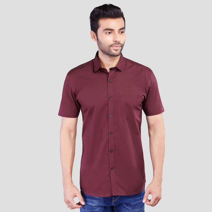 5thanfold Men's Casual Pure Cotton Half Sleeve Solid Maroon Slim Fit Shirt