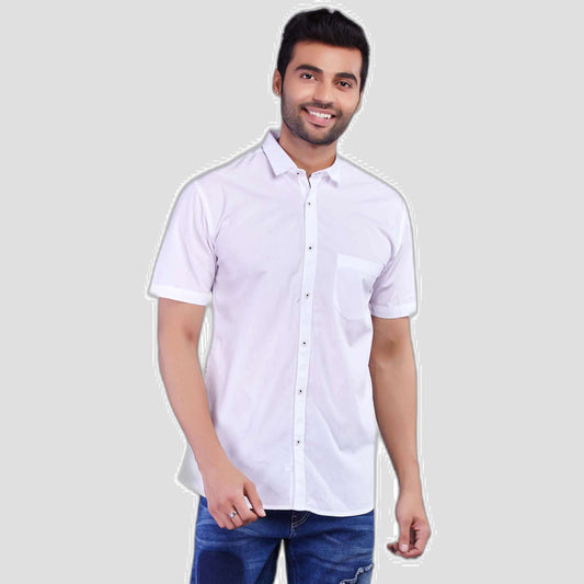 5thanfold Men's Casual Pure Cotton Half Sleeve Solid White Slim Fit Shirt