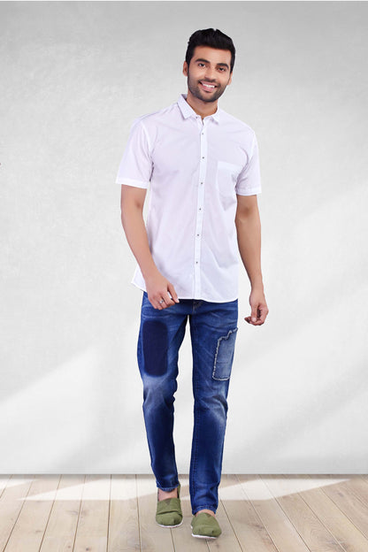 5thanfold Men's Casual Pure Cotton Half Sleeve Solid White Slim Fit Shirt