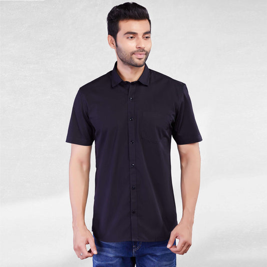 5thanfold Men's Casual Pure Cotton Half Sleeve Solid Black Slim Fit Shirt