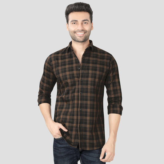 5thanfold Men's Casual Pure Cotton Full Sleeve Checkered Brown Slim Fit Shirt
