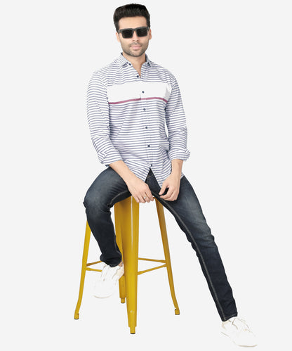 5thanfold Men's Casual Pure Cotton Full Sleeve Striped White Slim Fit Shirt