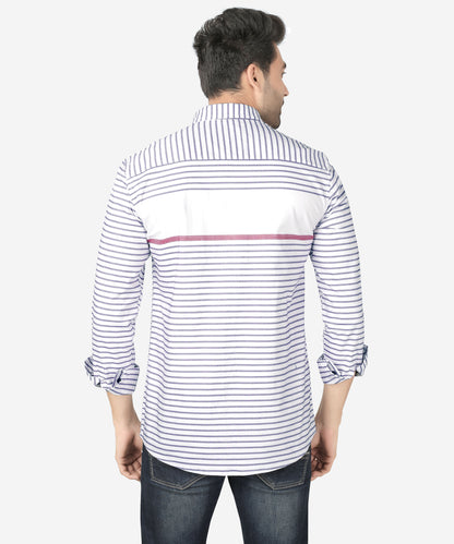 5thanfold Men's Casual Pure Cotton Full Sleeve Striped White Slim Fit Shirt