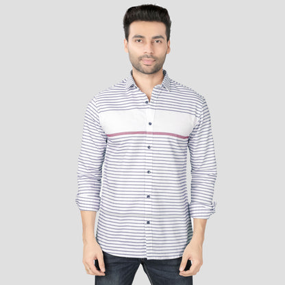 5thanfold Men's Casual Pure Cotton Full Sleeve Striped White Slim Fit Shirt