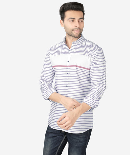 5thanfold Men's Casual Pure Cotton Full Sleeve Striped White Slim Fit Shirt