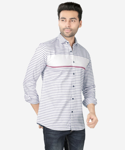 5thanfold Men's Casual Pure Cotton Full Sleeve Striped White Slim Fit Shirt