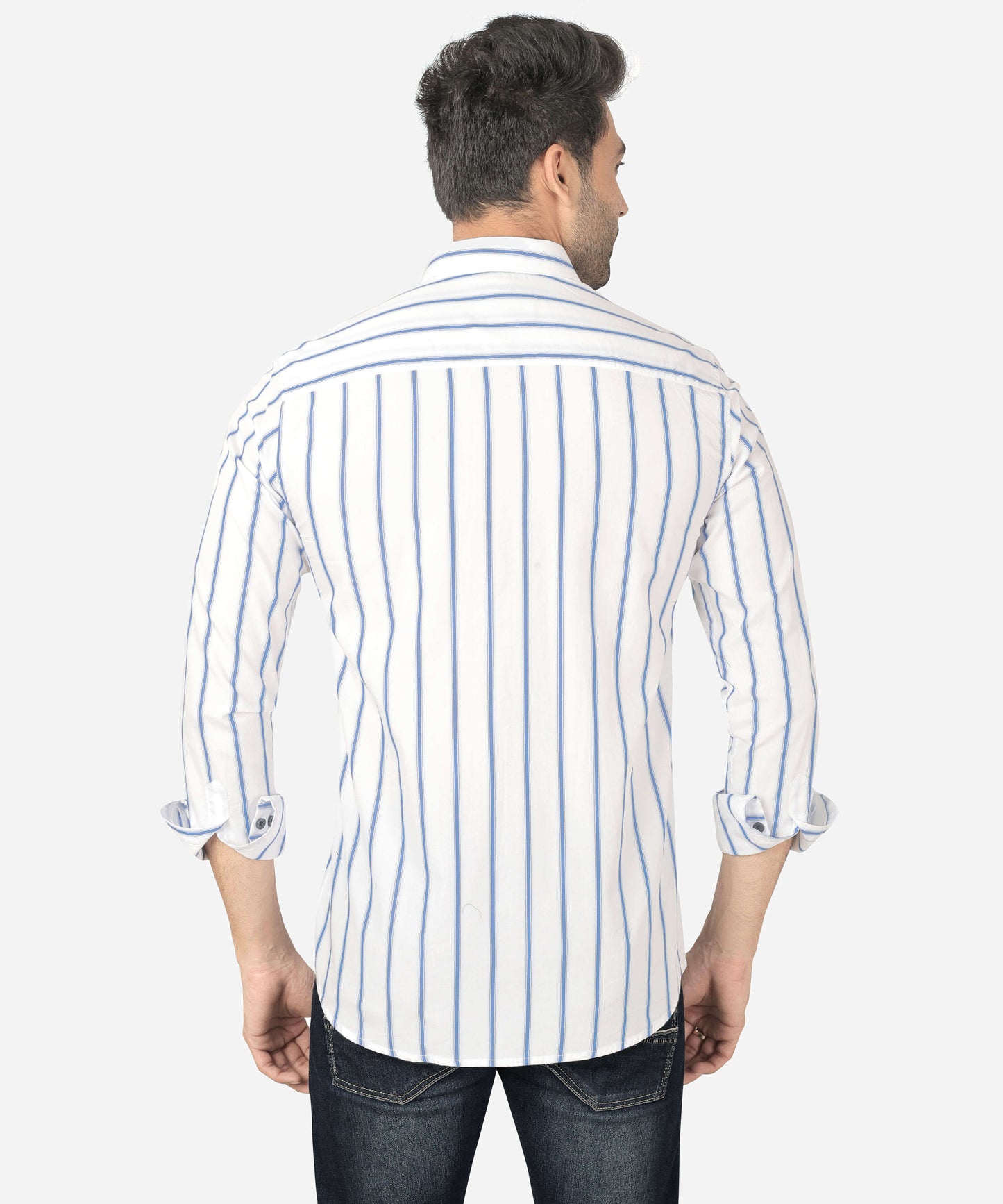 5thanfold Men's Casual Pure Cotton Full Sleeve Striped White Slim Fit Shirt