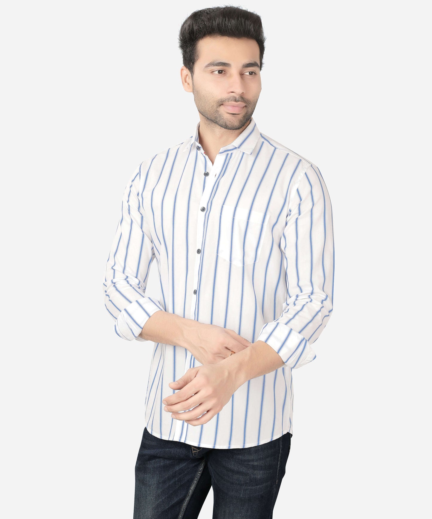 5thanfold Men's Casual Pure Cotton Full Sleeve Striped White Slim Fit Shirt