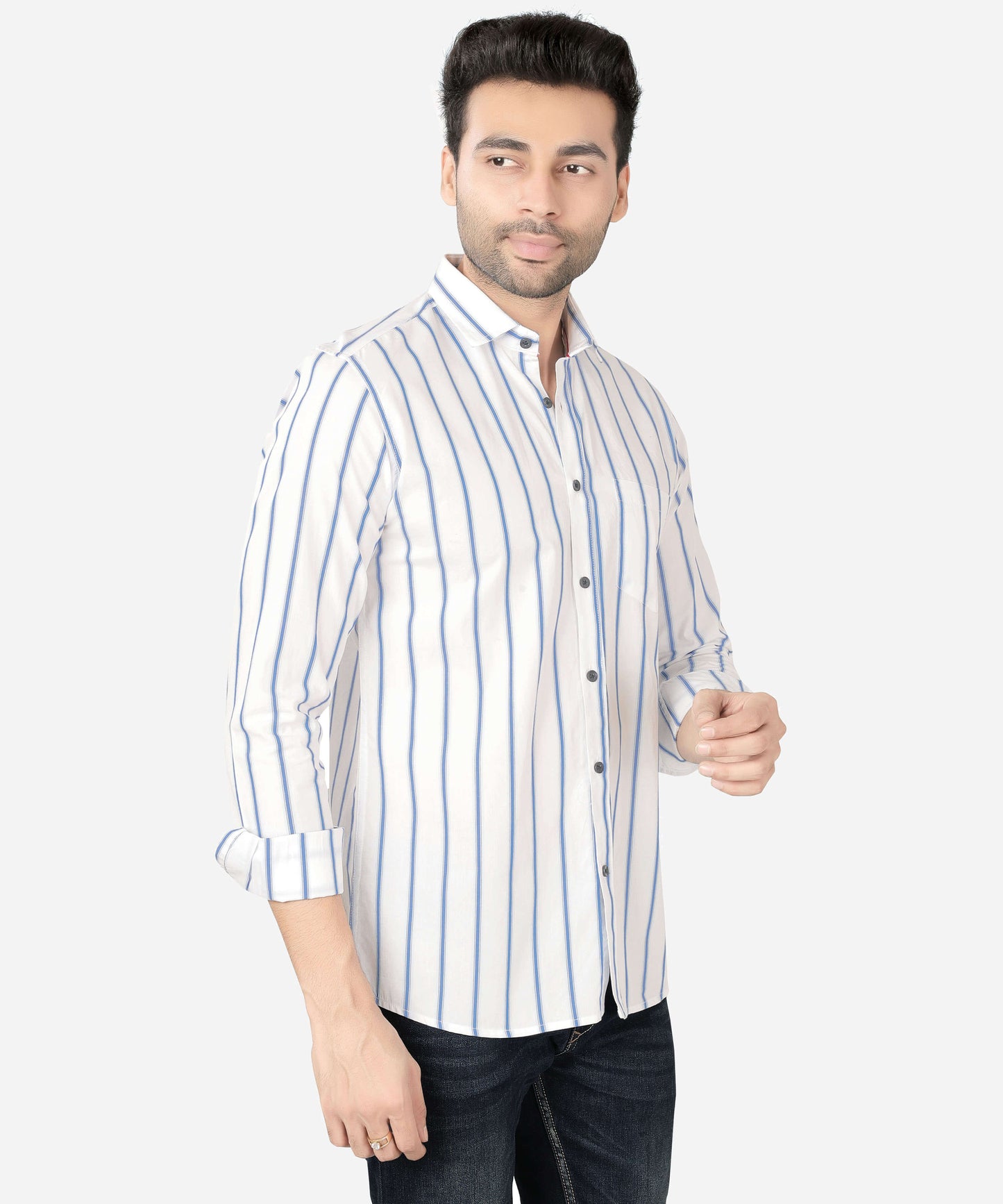 5thanfold Men's Casual Pure Cotton Full Sleeve Striped White Slim Fit Shirt