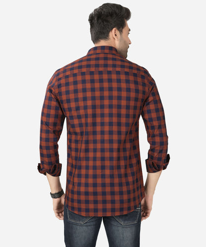 5thanfold Men's Casual Pure Cotton Full Sleeve Checkered Orange Regular Fit Shirt