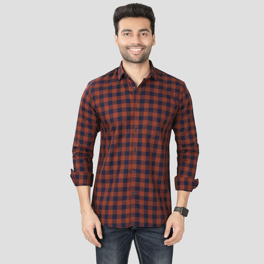 5thanfold Men's Casual Pure Cotton Full Sleeve Checkered Orange Regular Fit Shirt