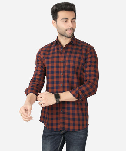 5thanfold Men's Casual Pure Cotton Full Sleeve Checkered Orange Regular Fit Shirt