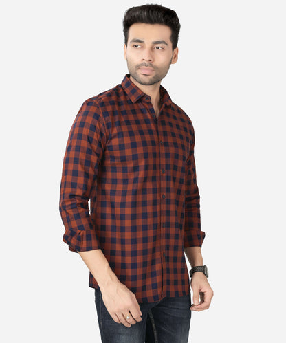 5thanfold Men's Casual Pure Cotton Full Sleeve Checkered Orange Regular Fit Shirt