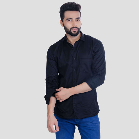 5thanfold Men's Casual Pure Cotton Full Sleeve Solid Black Slim Fit Shirt