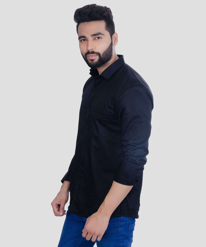 5thanfold Men's Casual Pure Cotton Full Sleeve Solid Black Slim Fit Shirt