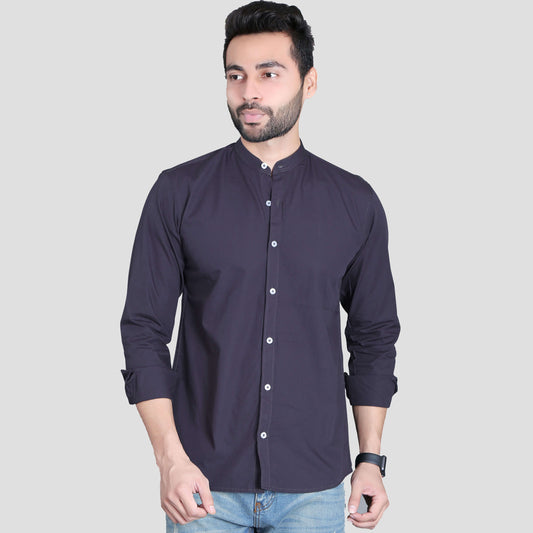 5thanfold Men's Casual Dark Grey Full Sleeve Pure Cotton Mandarin Collar Shirt (No Pocket)