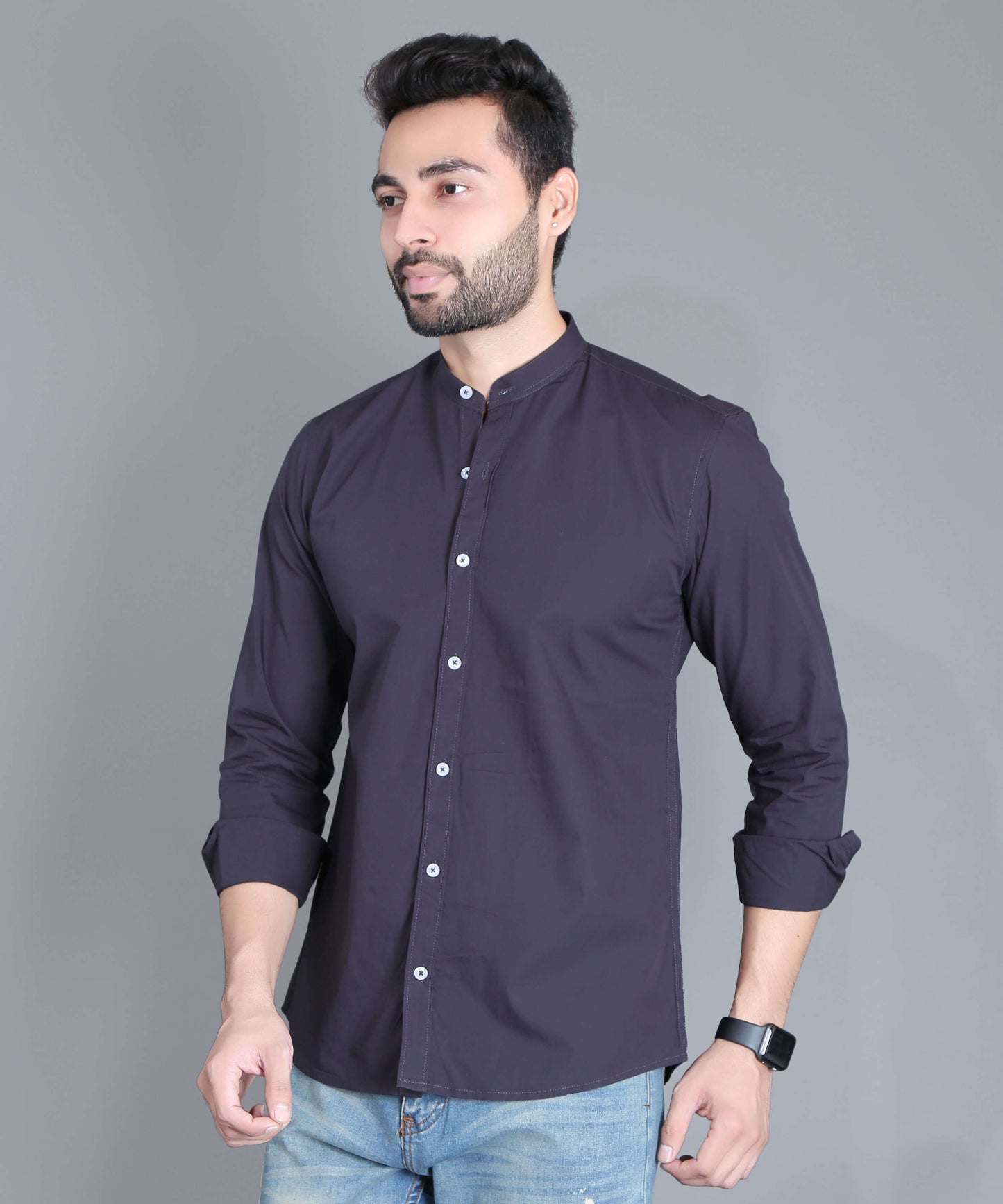 5thanfold Men's Casual Dark Grey Full Sleeve Pure Cotton Mandarin Collar Shirt (No Pocket)