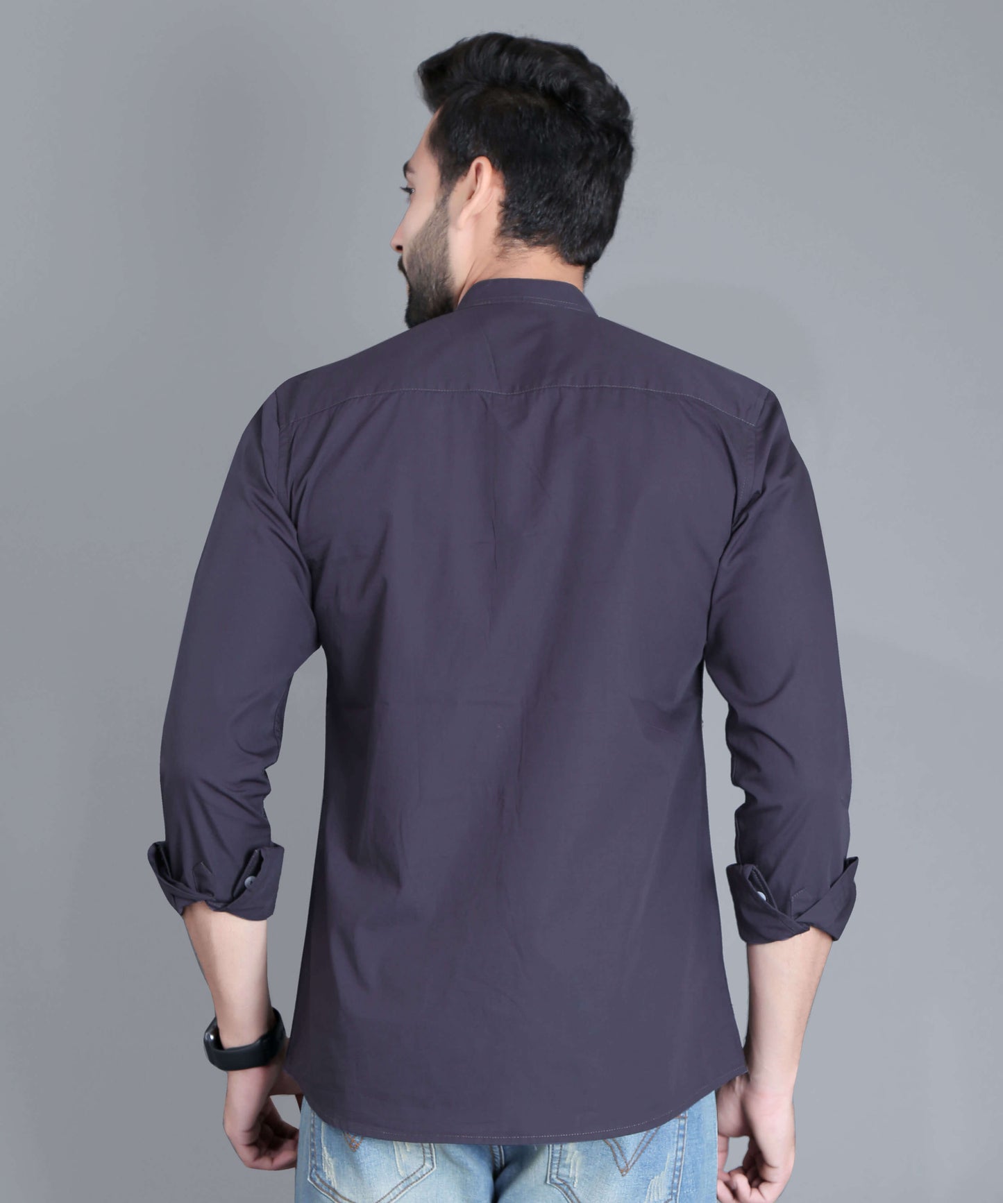 5thanfold Men's Casual Dark Grey Full Sleeve Pure Cotton Mandarin Collar Shirt (No Pocket)