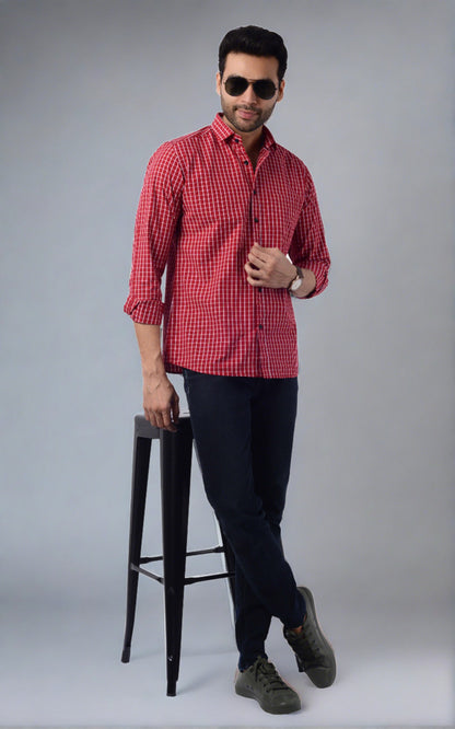 5thanfold Men's Casual Pure Cotton Full Sleeve Checkered Red Slim Fit Shirt