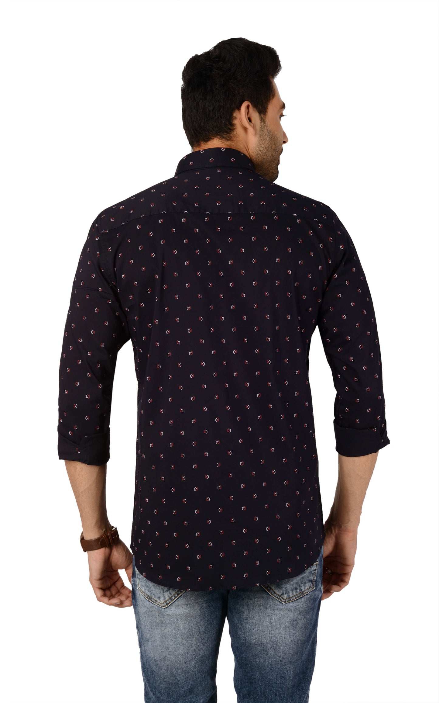 5thanfold Men's Casual Pure Cotton Full Sleeve Printed Dark Blue Slim Fit Shirt