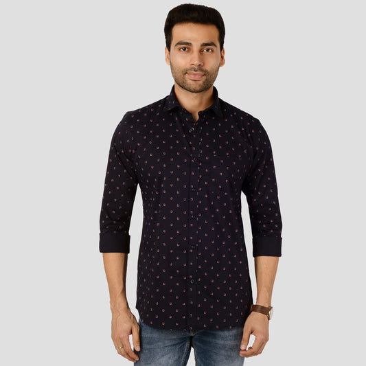 5thanfold Men's Casual Pure Cotton Full Sleeve Printed Dark Blue Slim Fit Shirt