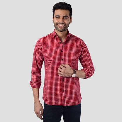 5thanfold Men's Casual Pure Cotton Full Sleeve Checkered Red Slim Fit Shirt