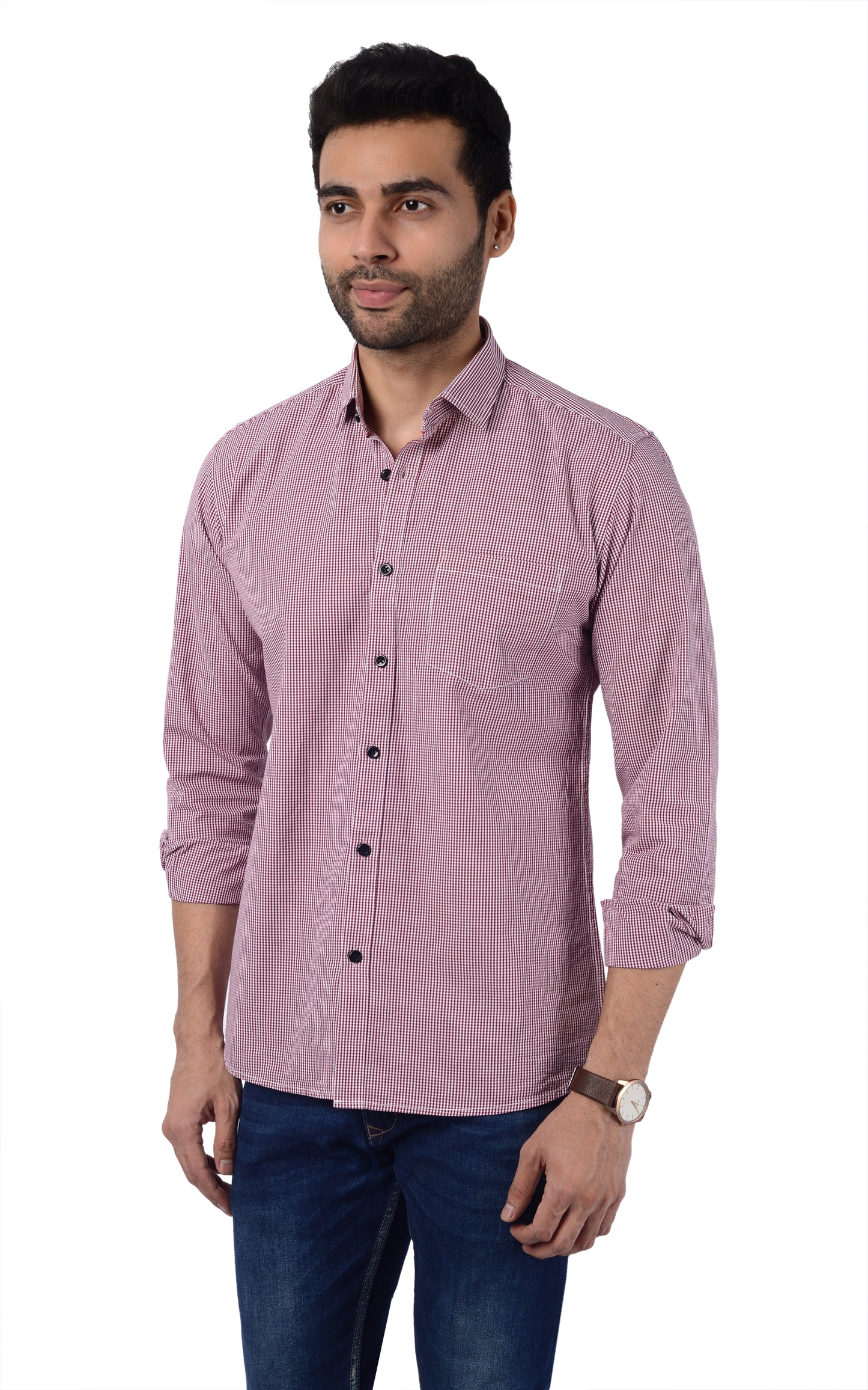 5thanfold Men's Casual  Pure Cotton Full Sleeve Checkered Pink Slim Fit Shirt