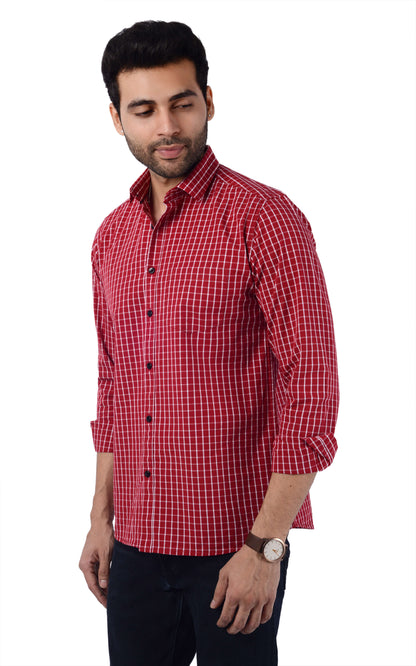 5thanfold Men's Casual Pure Cotton Full Sleeve Checkered Red Slim Fit Shirt