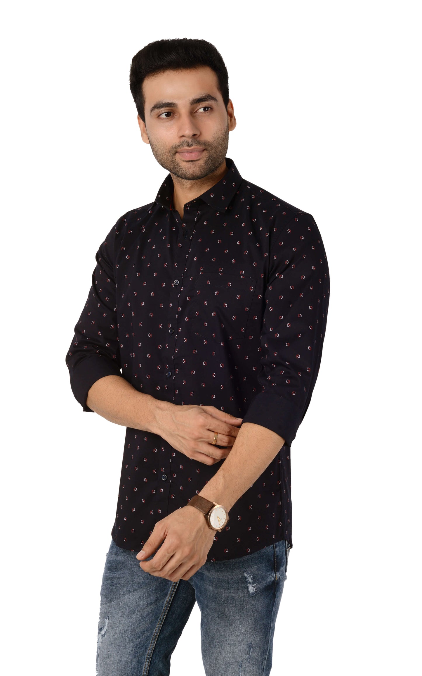 5thanfold Men's Casual Pure Cotton Full Sleeve Printed Dark Blue Slim Fit Shirt