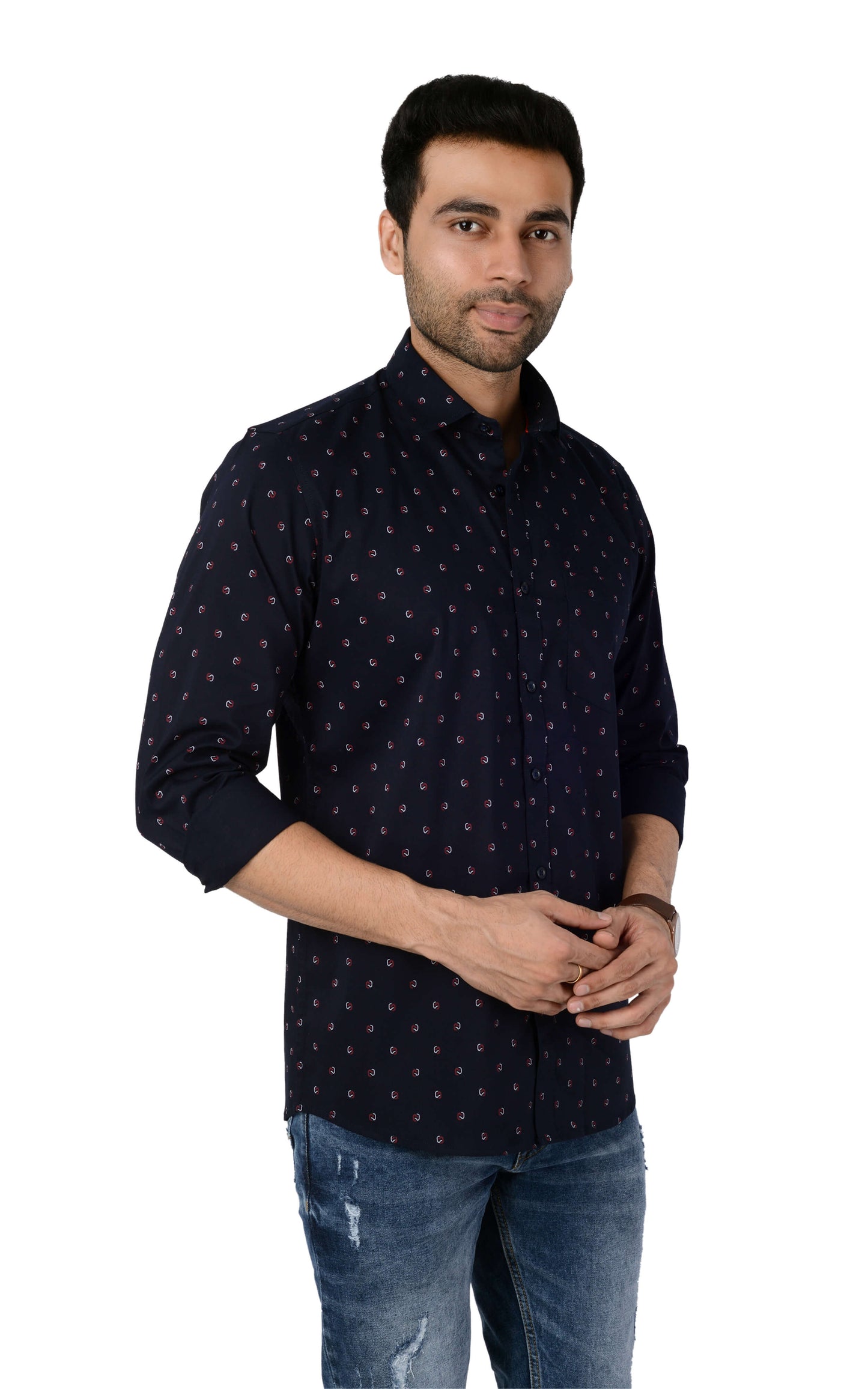 5thanfold Men's Casual Pure Cotton Full Sleeve Printed Dark Blue Slim Fit Shirt