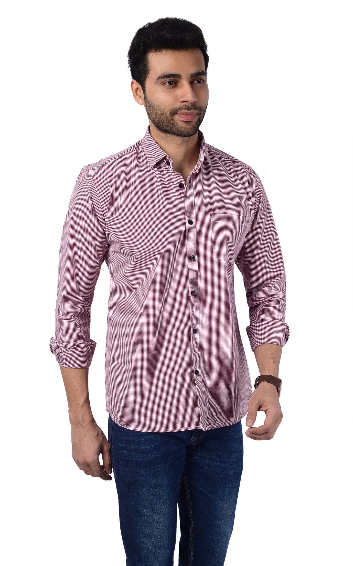 5thanfold Men's Casual  Pure Cotton Full Sleeve Checkered Pink Slim Fit Shirt