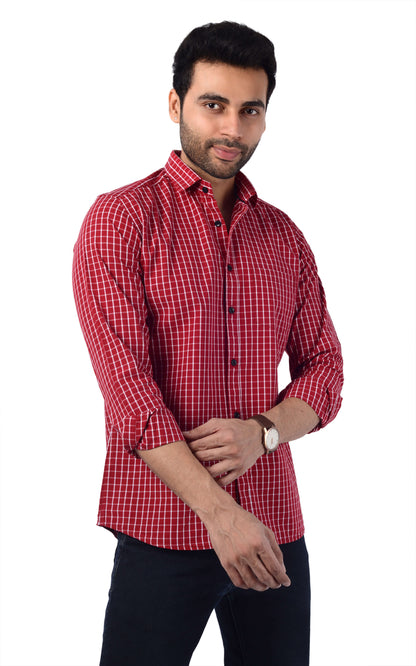 5thanfold Men's Casual Pure Cotton Full Sleeve Checkered Red Slim Fit Shirt