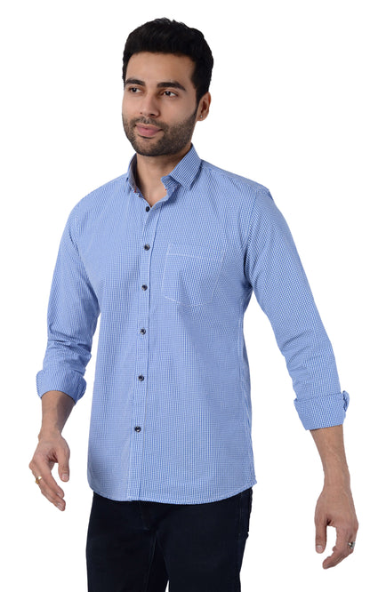 5thanfold Men's Casual Pure Cotton Full Sleeve Checkered Blue Slim Fit Shirt