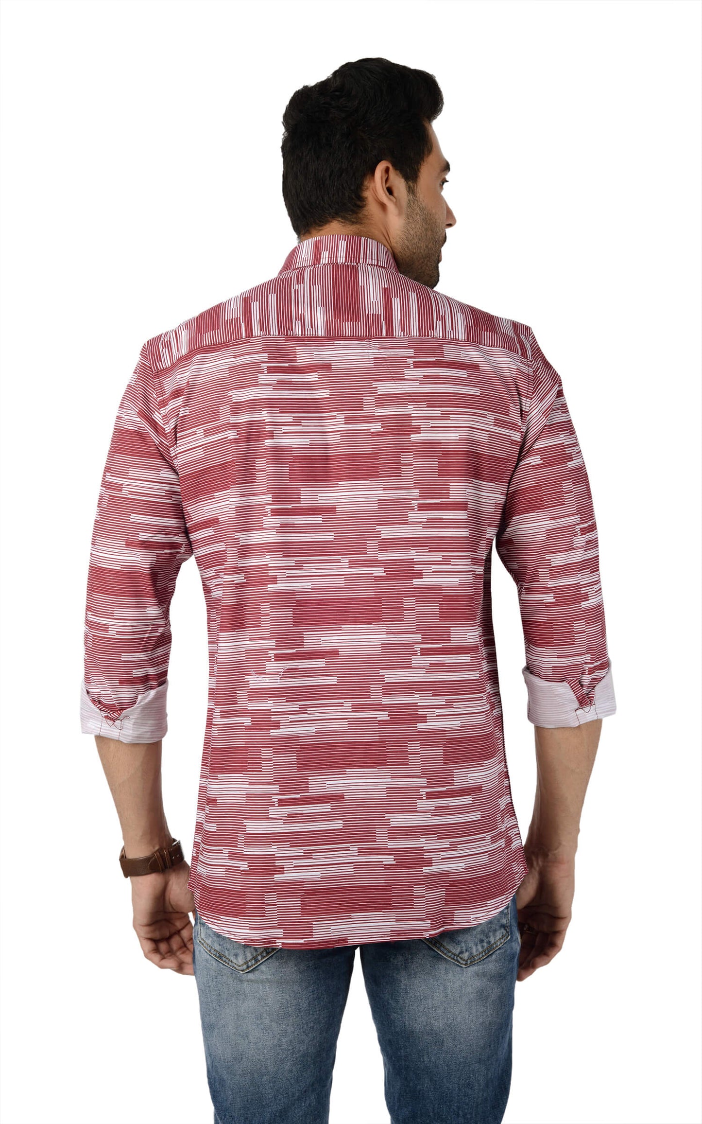 5thanfold Men's Casual Pure Cotton Full Sleeve Printed Red Slim Fit Shirt