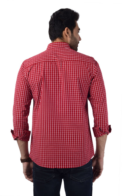 5thanfold Men's Casual Pure Cotton Full Sleeve Checkered Red Slim Fit Shirt