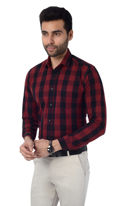 5thanfold Men's Casual Pure Cotton Full Sleeve Checkered Maroon Slim Fit Shirt