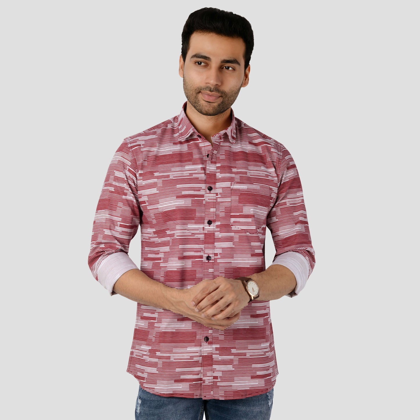 5thanfold Men's Casual Pure Cotton Full Sleeve Printed Red Slim Fit Shirt