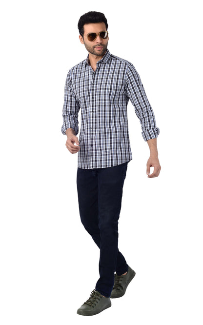 5thanfold Men's Casual Pure Cotton Full Sleeve Checkered White Slim Fit Shirt