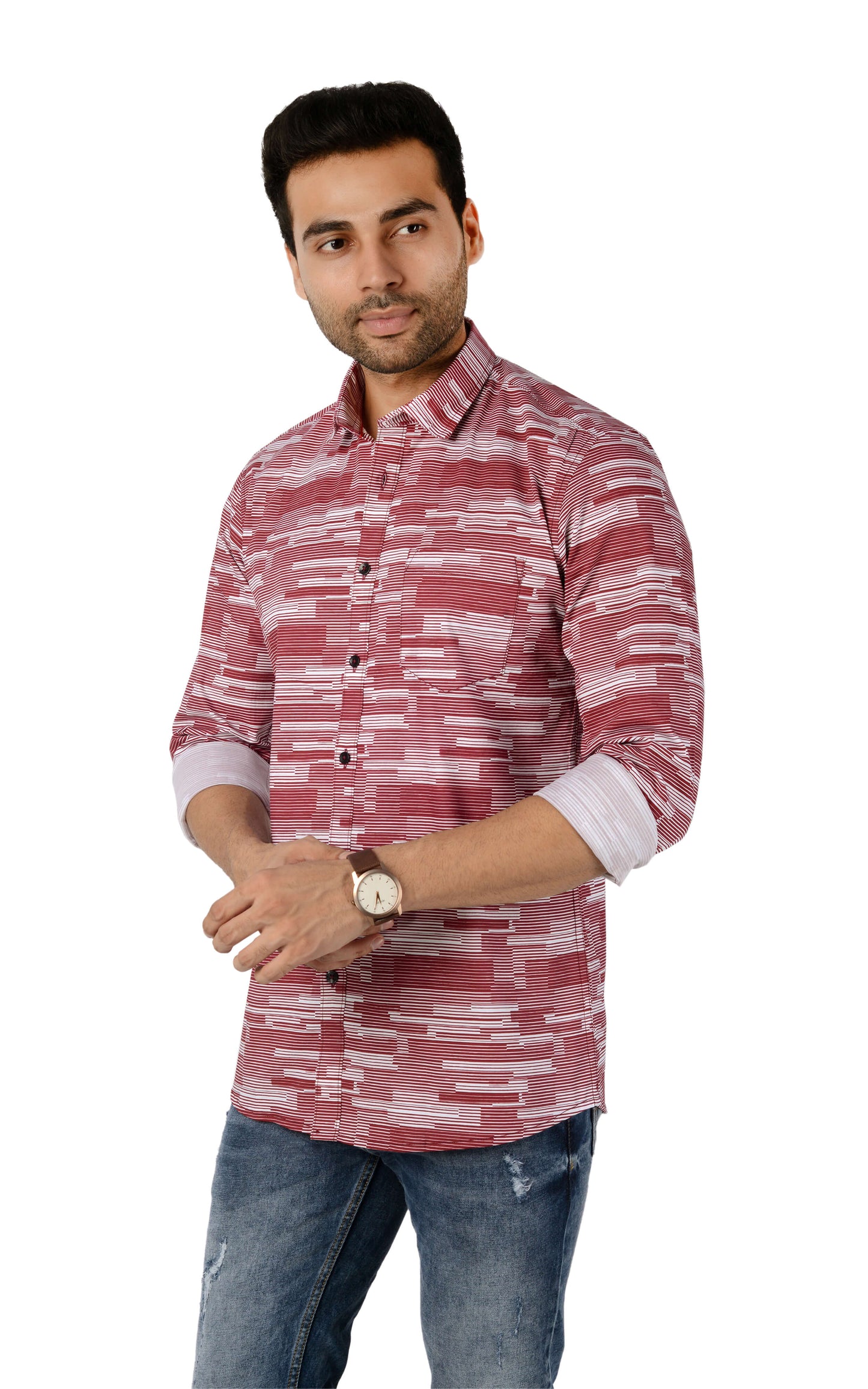 5thanfold Men's Casual Pure Cotton Full Sleeve Printed Red Slim Fit Shirt