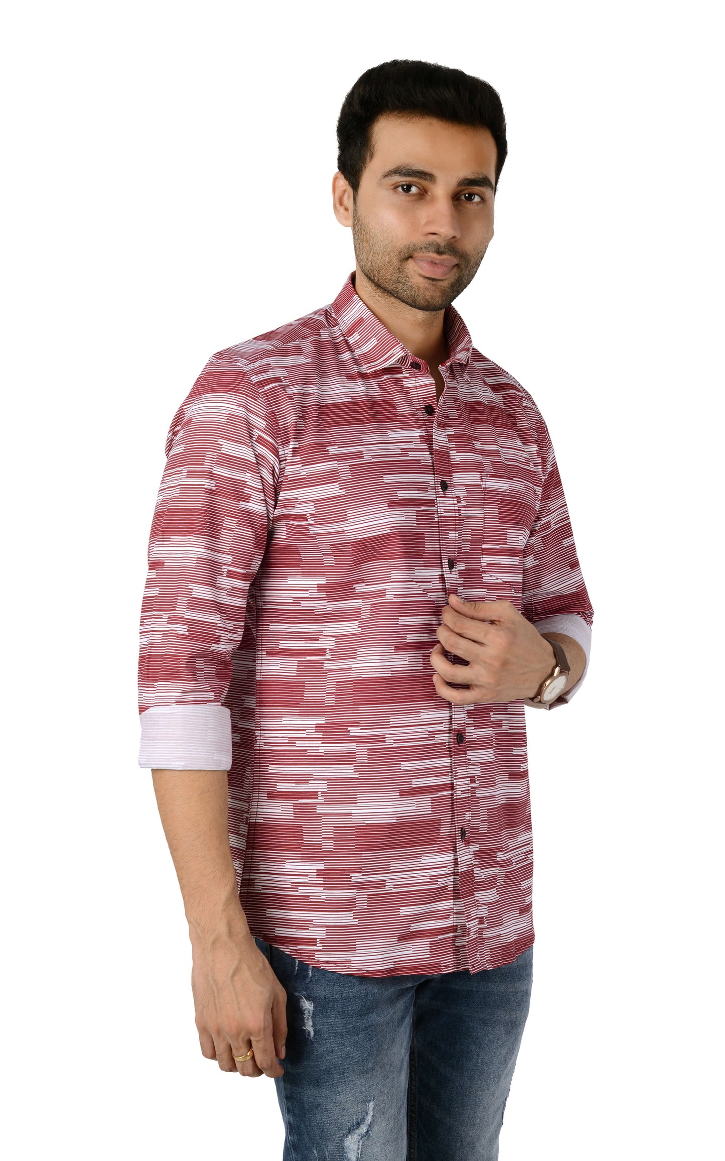 5thanfold Men's Casual Pure Cotton Full Sleeve Printed Red Slim Fit Shirt