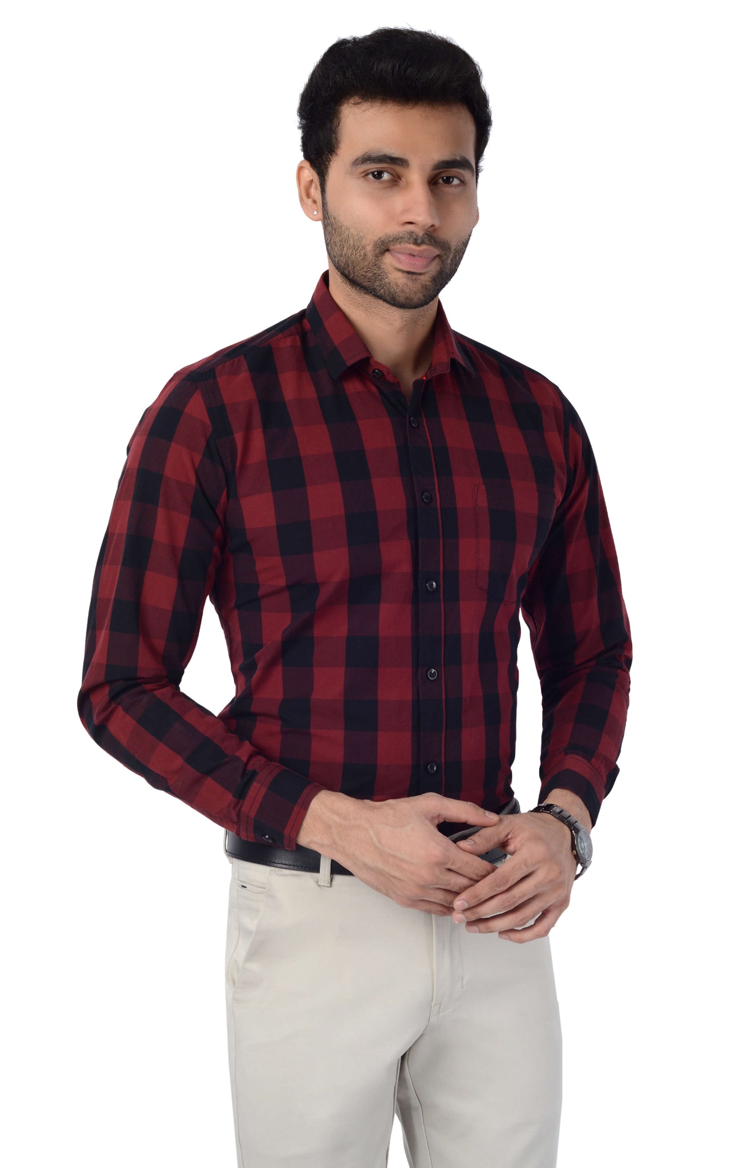 5thanfold Men's Casual Pure Cotton Full Sleeve Checkered Maroon Slim Fit Shirt